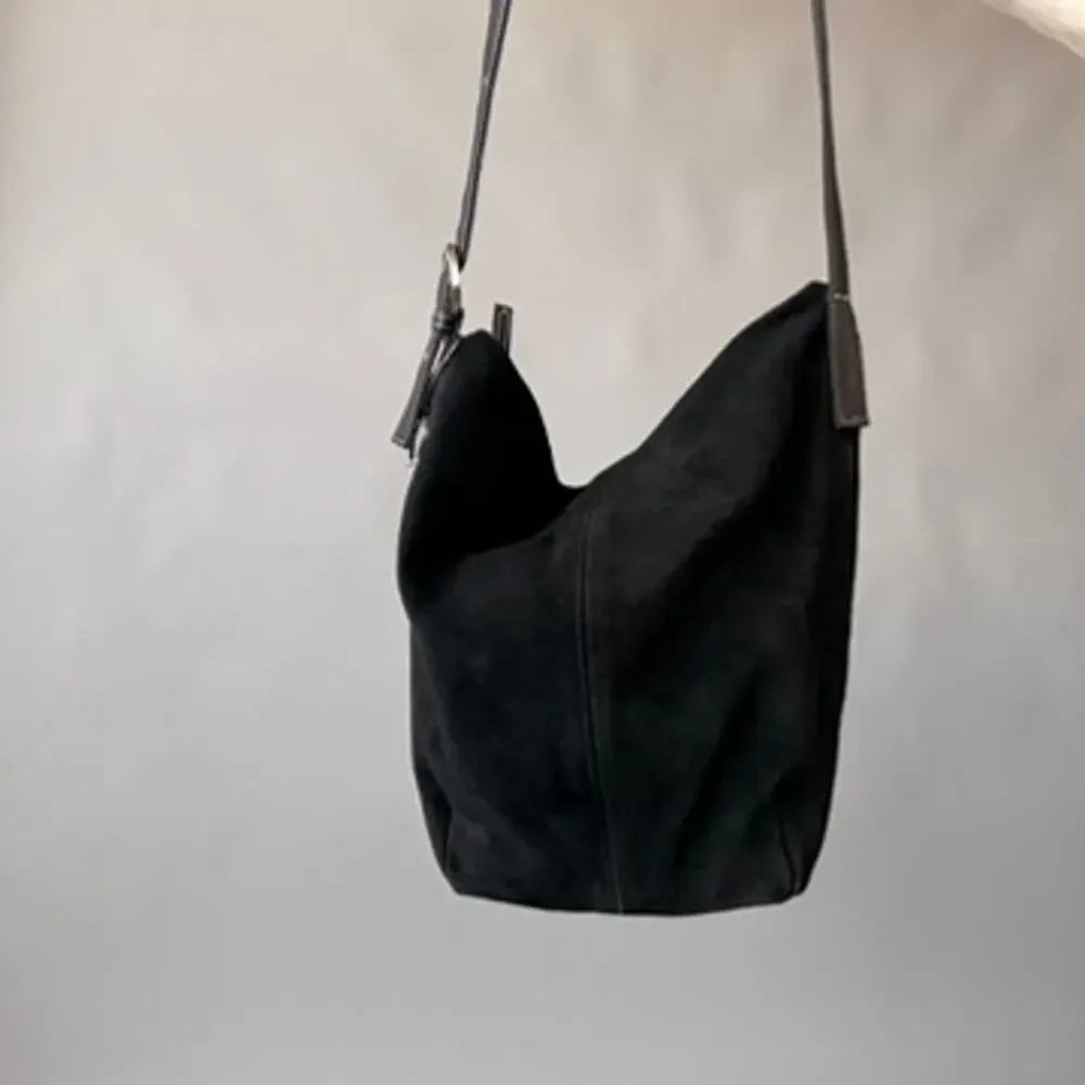 Vintage Faded Glory Genuine Suede Bucket Bag - Black